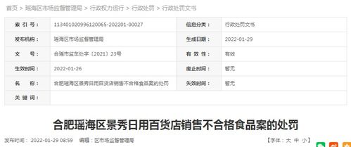 合肥瑤海區(qū)景秀日用百貨店銷售不合格食品被罰款5000元